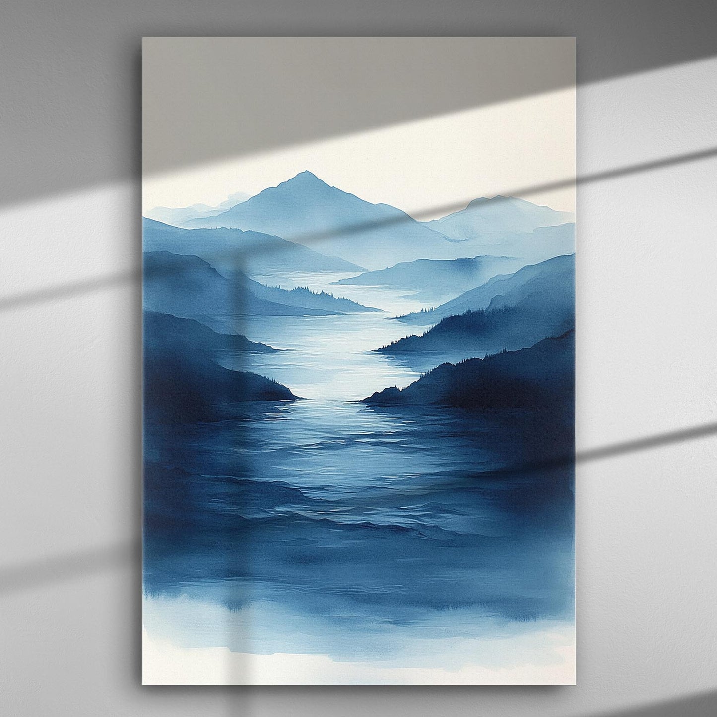 Blue-toned serene landscape canvas print with mountains and sea in modern artistic style.