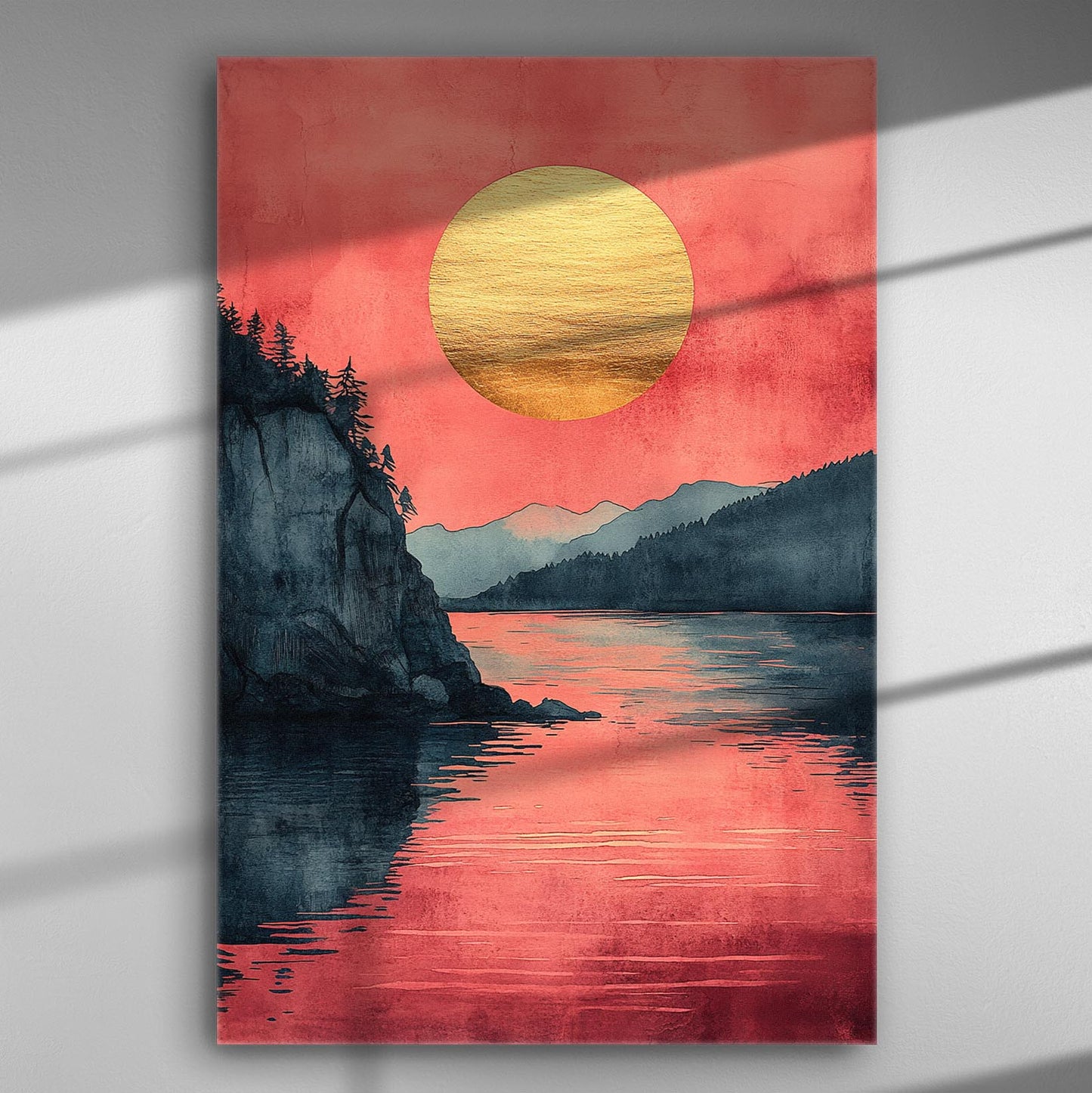 Canvas print of a sunset with a golden sun over a serene lake and mountains.