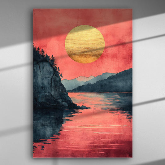 Canvas print of a sunset with a golden sun over a serene lake and mountains.