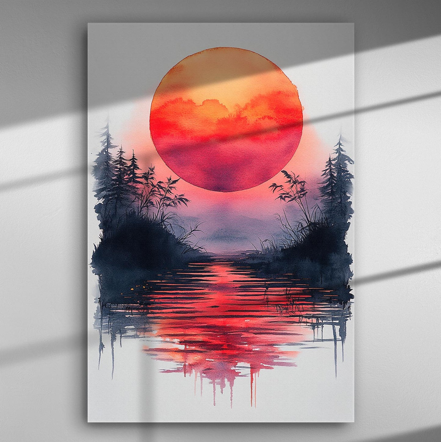 Sunset over river with reflections, forest silhouette, and warm sky colors.