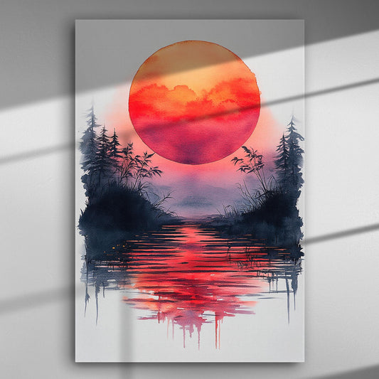 Sunset over river with reflections, forest silhouette, and warm sky colors.
