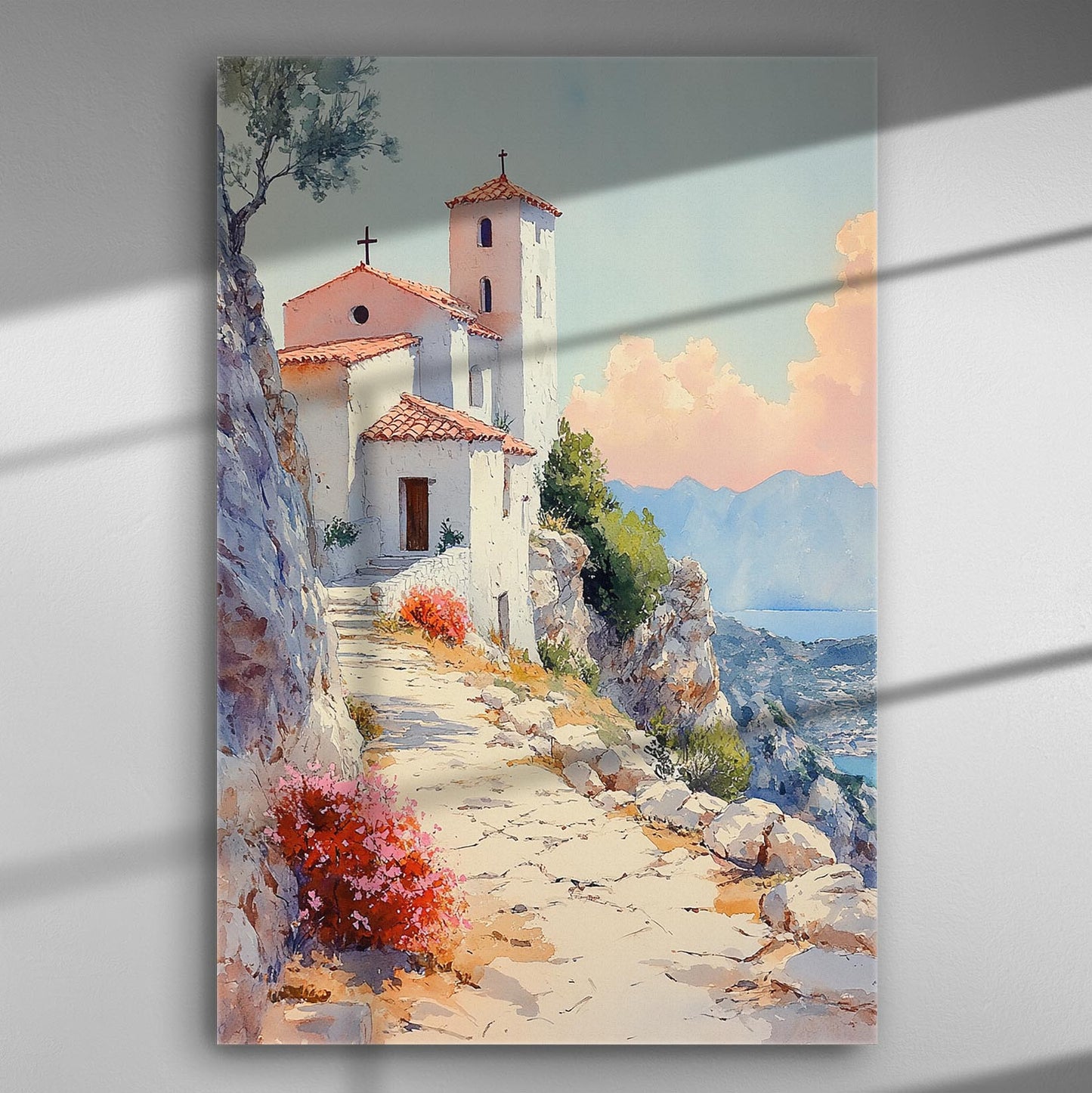 Painting of a white chapel on a rocky path under a clear sky.