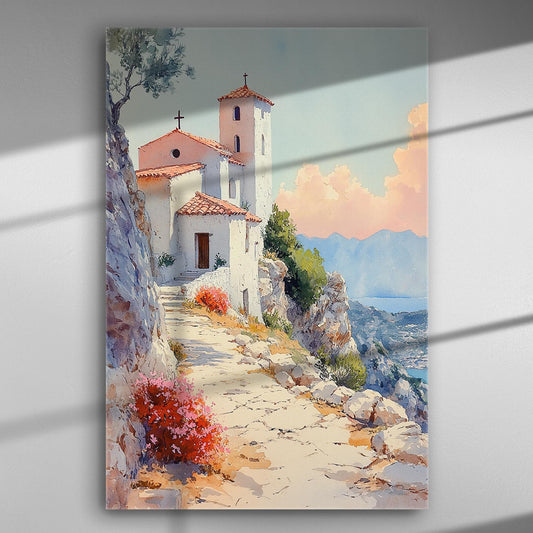 Painting of a white chapel on a rocky path under a clear sky.