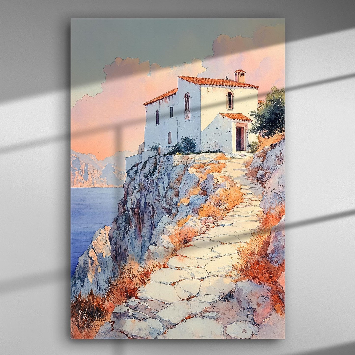 Mediterranean-style house on a cliff with a sea view, in a canvas painting.