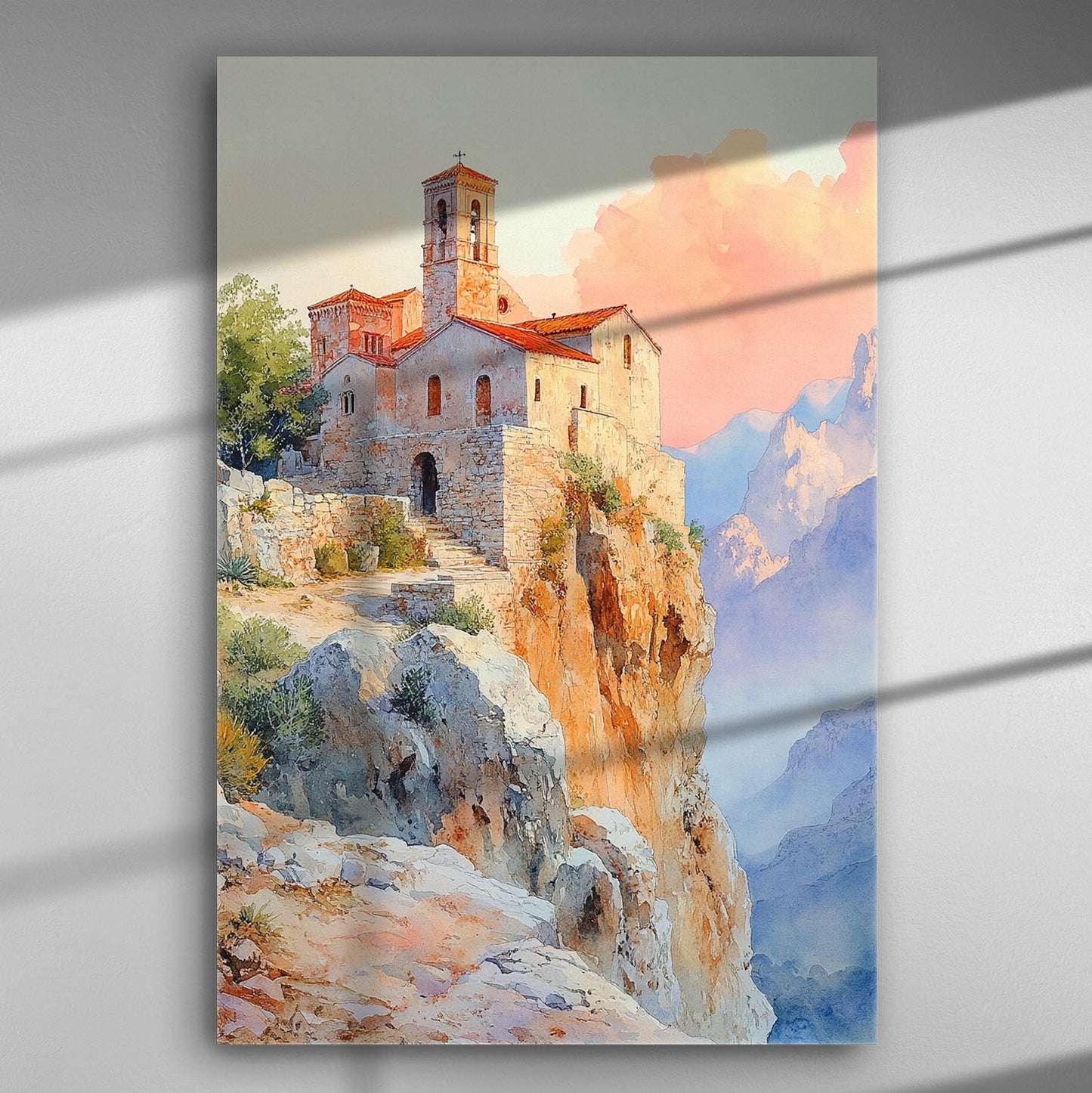 Dreamy chapel on a cliff canvas painting with pink and blue sky.