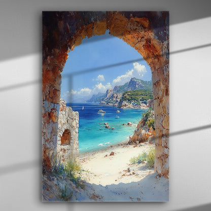 Ancient arch overlooking a serene seascape with boats and mountains in the background.