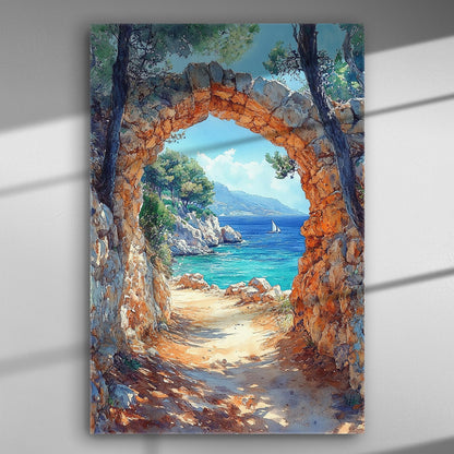 A picturesque stone archway revealing the blue sea and sky in a canvas art piece.