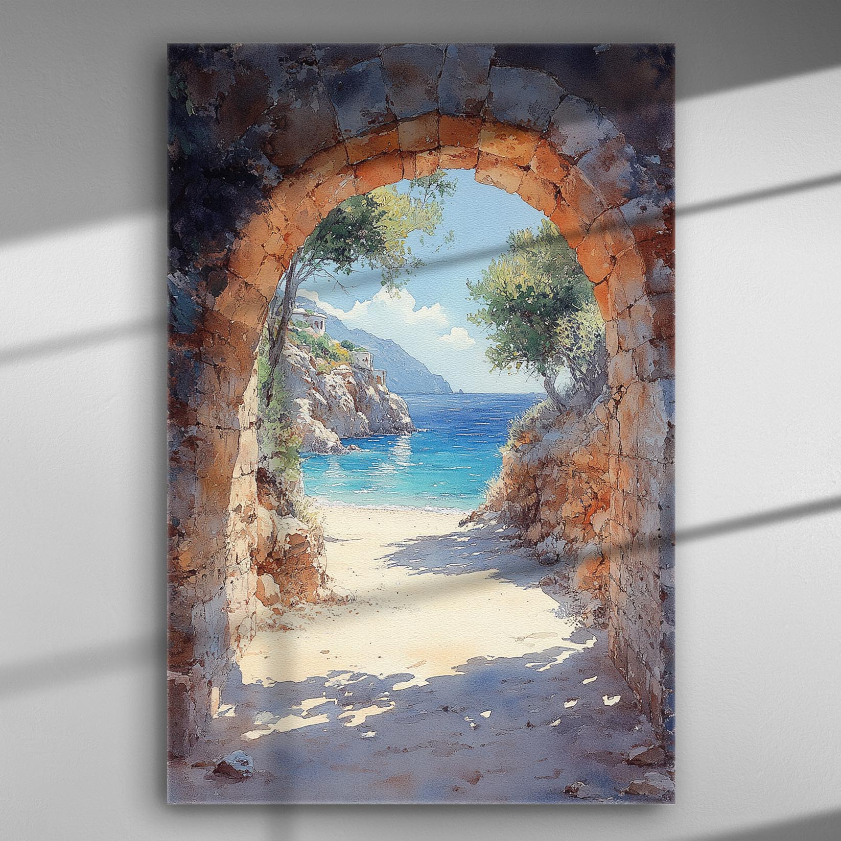 Ancient stone archway leading to a serene beach with clear blue water, canvas art.