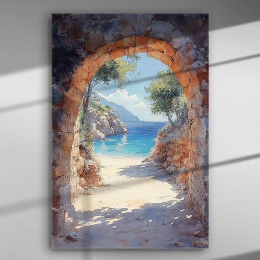 Ancient stone archway leading to a serene beach with clear blue water, canvas art.