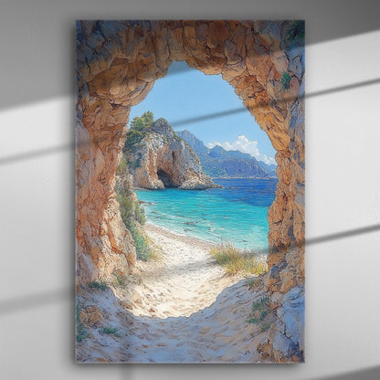 Seaside landscape with a rocky archway leading to a turquoise beach.