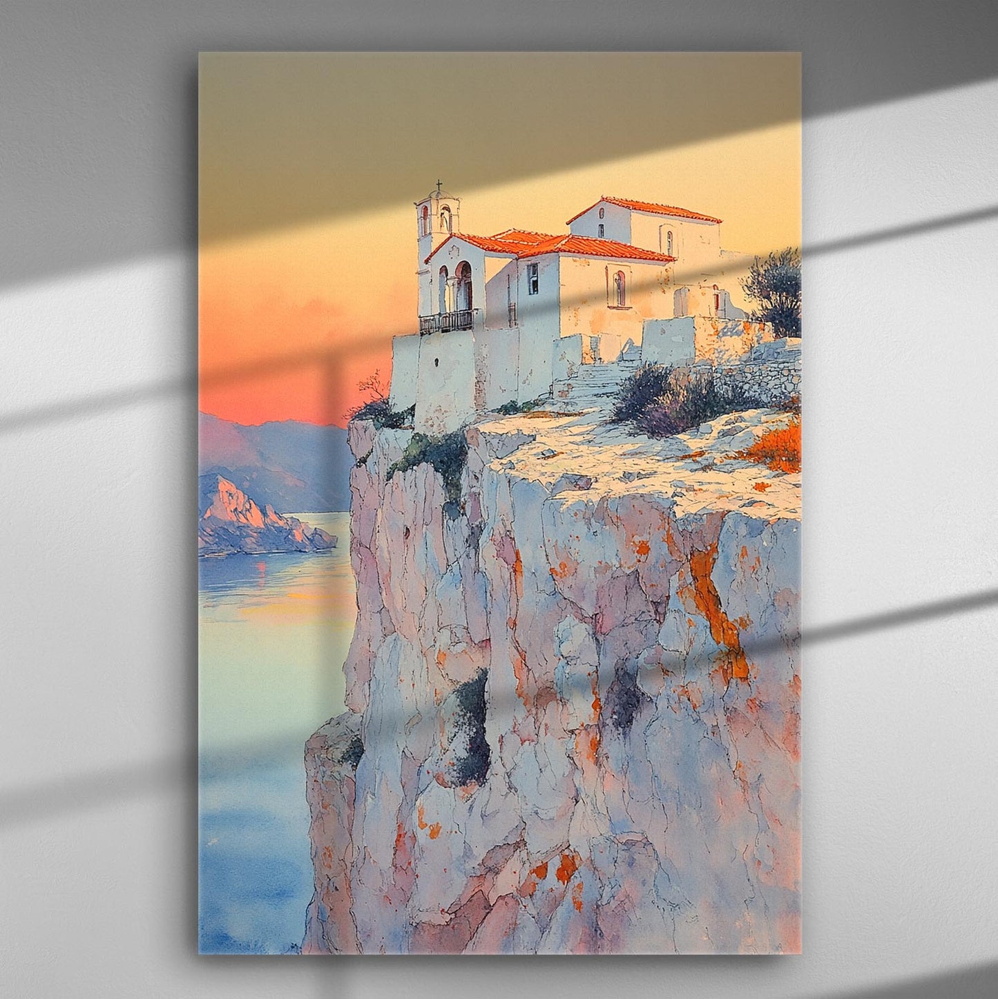 Canvas print of a white building on a cliff at sunset with pink and orange hues.