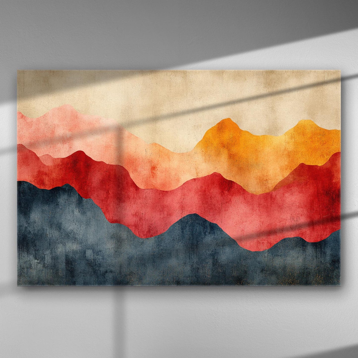 Abstract landscape canvas print with warm and cool tones, depicting rolling hills.