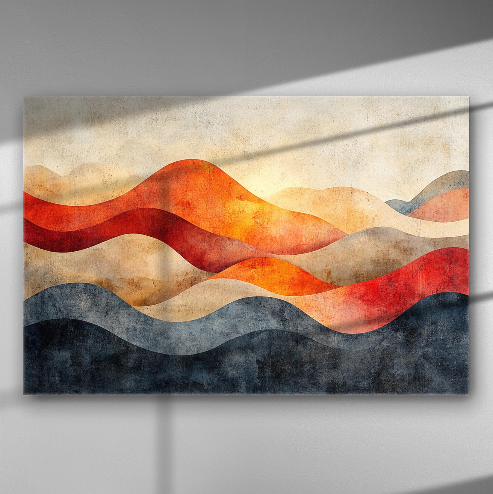 Abstract sunset with wavy shapes in warm tones on canvas.