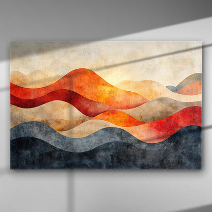 Abstract sunset with wavy shapes in warm tones on canvas.