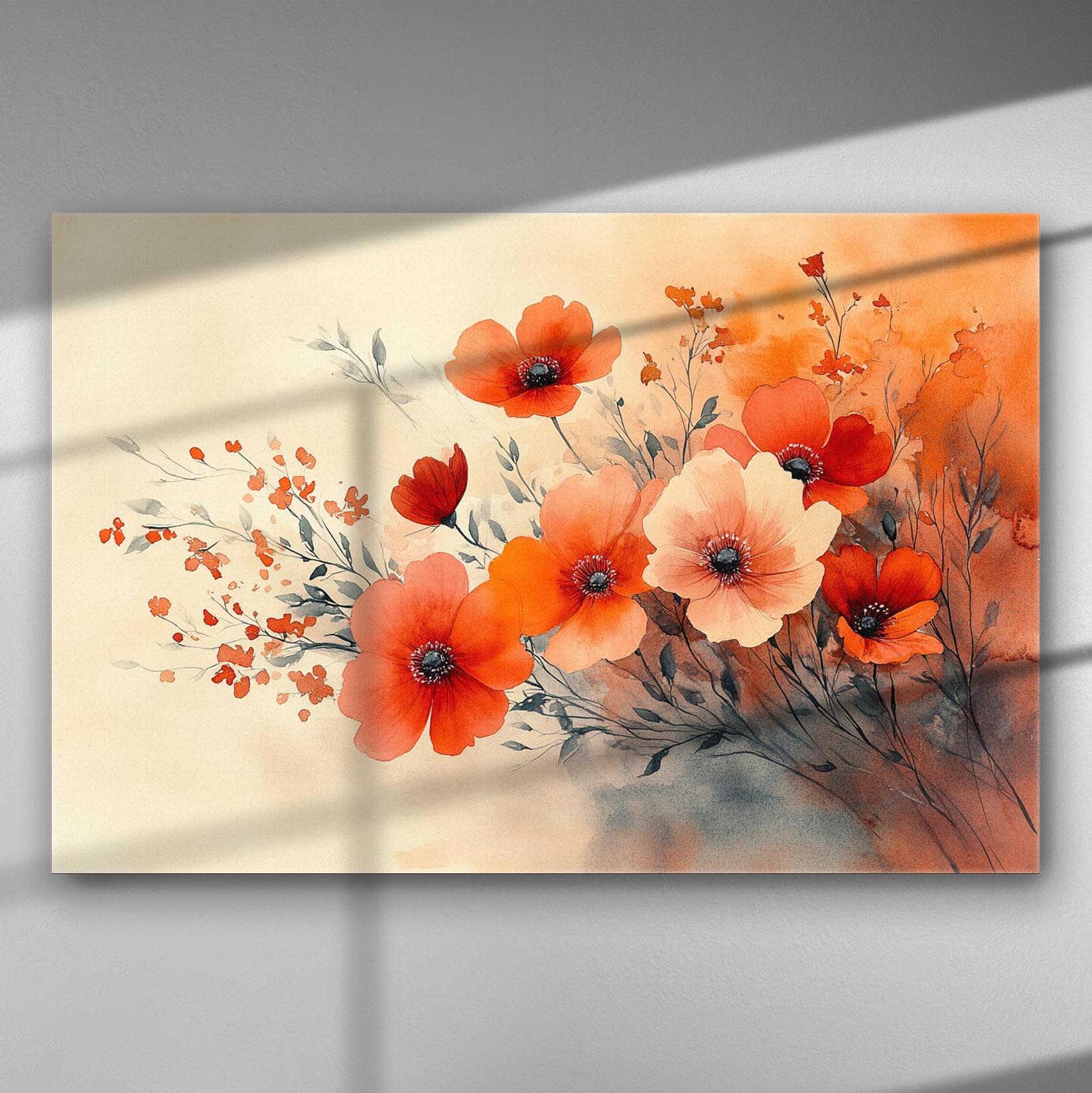 Canvas print of vibrant red and orange flowers with delicate green stems and leaves, set against a soft background.