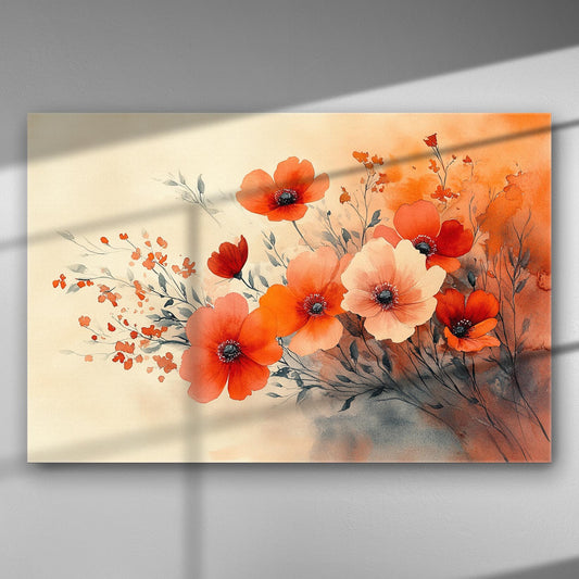 Canvas print of vibrant red and orange flowers with delicate green stems and leaves, set against a soft background.