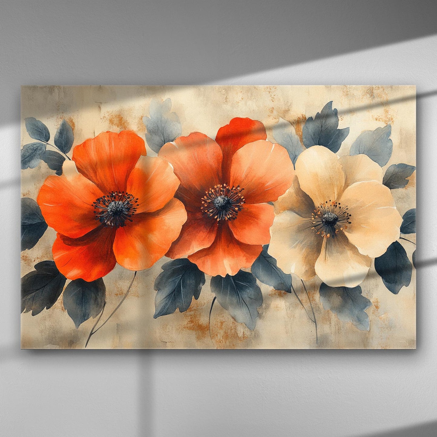 Colorful floral canvas art featuring vibrant red and orange flowers with green leaves.