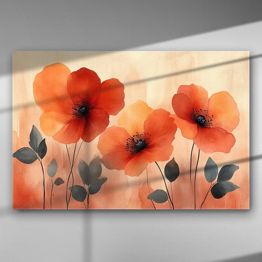 Canvas print of red and orange poppies with leaves on a soft background.