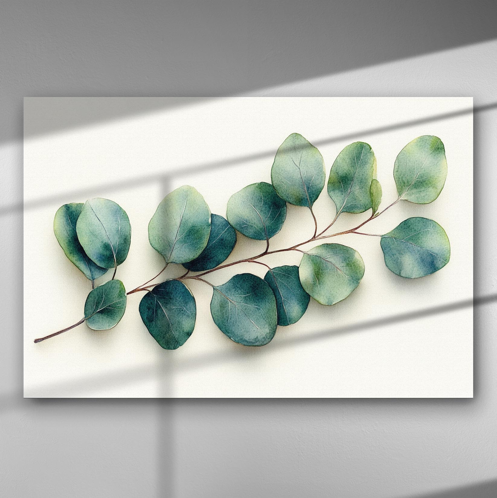 Canvas with eucalyptus leaves illustration, elegant and vibrant.