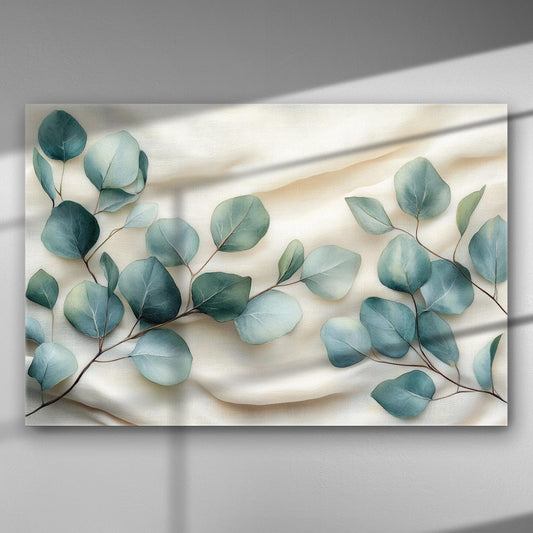 Canvas print depicting eucalyptus leaves in green shades on a neutral background.
