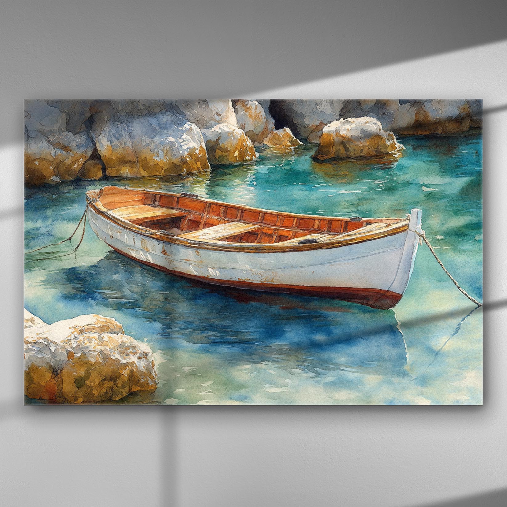 Canvas print of a serene boat floating on blue waters surrounded by rocks.