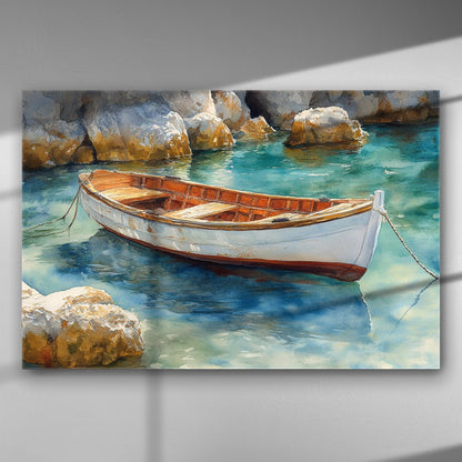 Canvas print of a serene boat floating on blue waters surrounded by rocks.