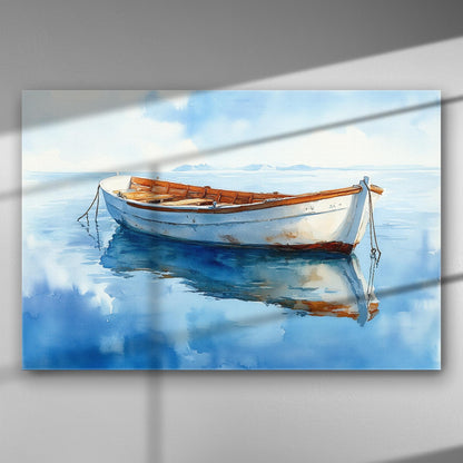 A painting of a lone boat floating on serene blue waters, with its reflection visible.