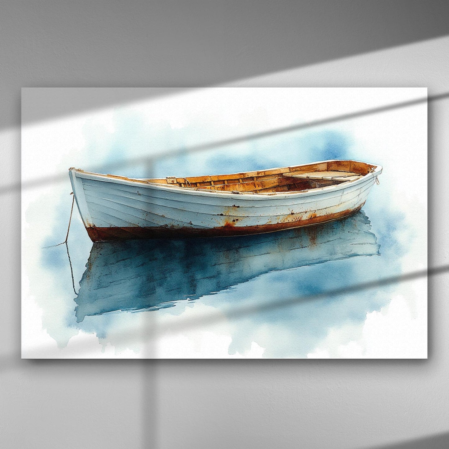 A watercolor painting of an old wooden boat floating on calm blue waters.