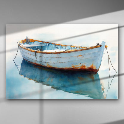 Canvas print of an old boat floating on calm, clear waters.