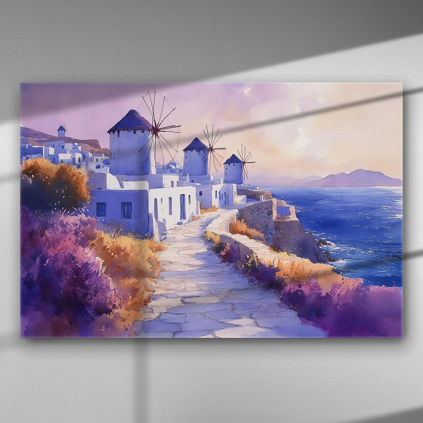 Canvas print of Mykonos windmills at sunset with vibrant colors and sea view.
