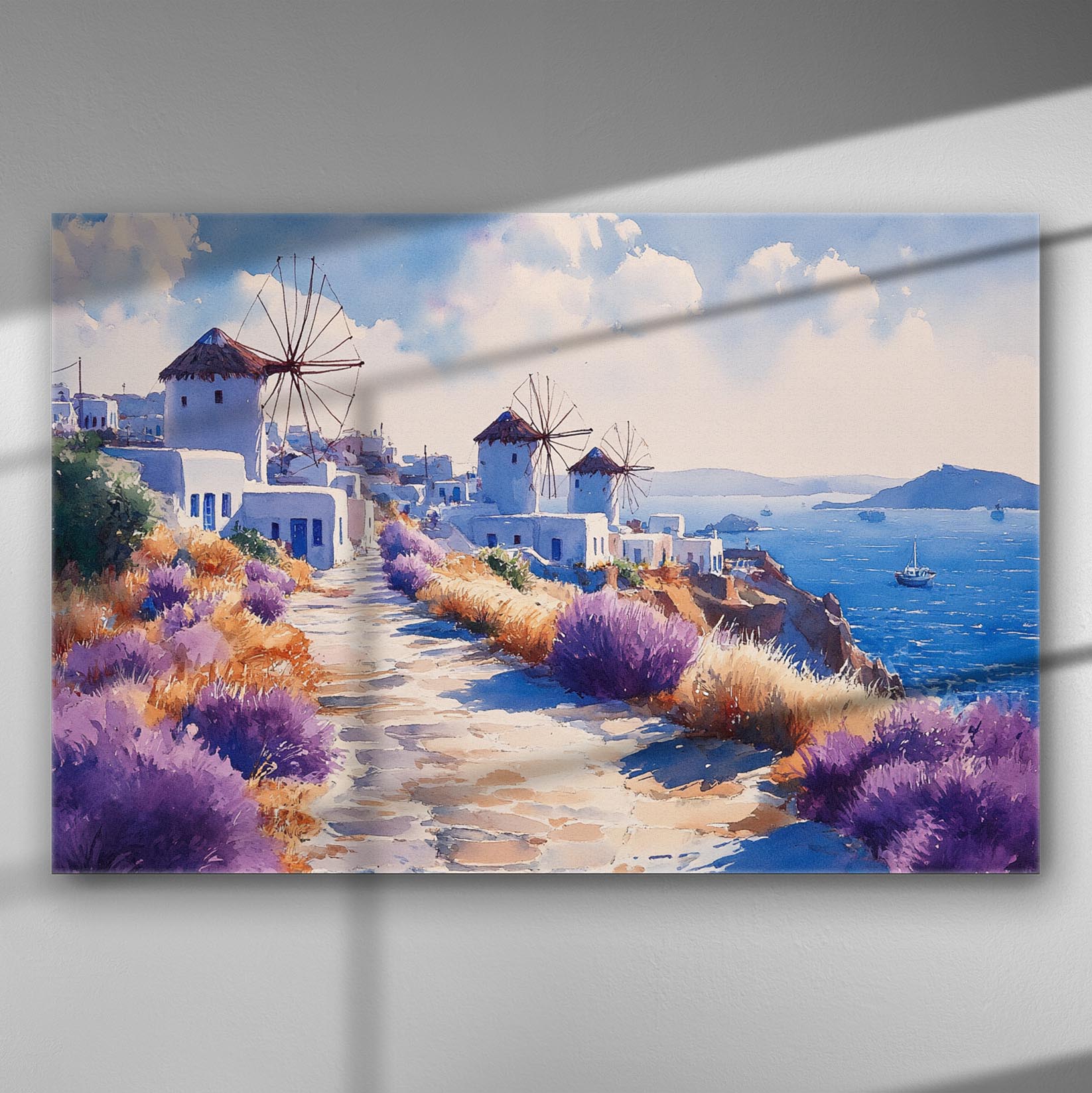 Greek landscape with windmills and sea on canvas print.