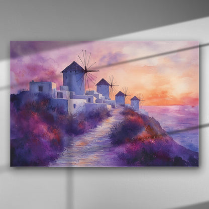 Painting of Santorini windmills during sunset with vibrant colors.