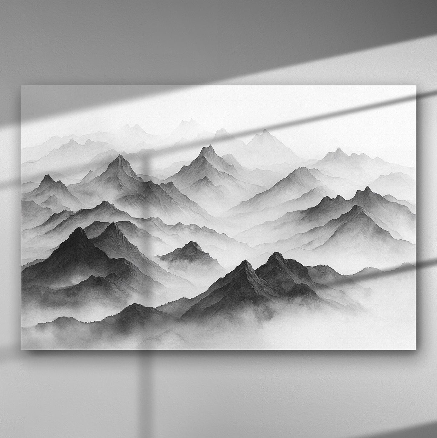 Black and white mountains shrouded in mist, creating a tranquil and timeless landscape on canvas.