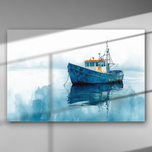 A serene boat floating on calm waters in a blue hue, captured in a canvas print.