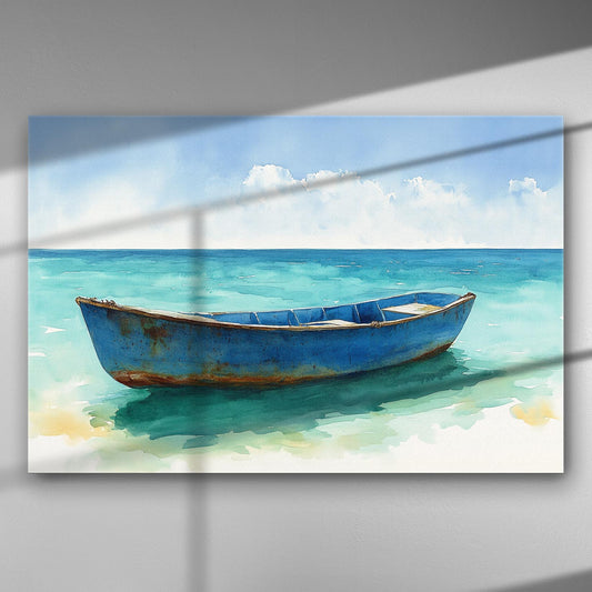 A calm summer scene with a solitary blue boat floating on turquoise waters.