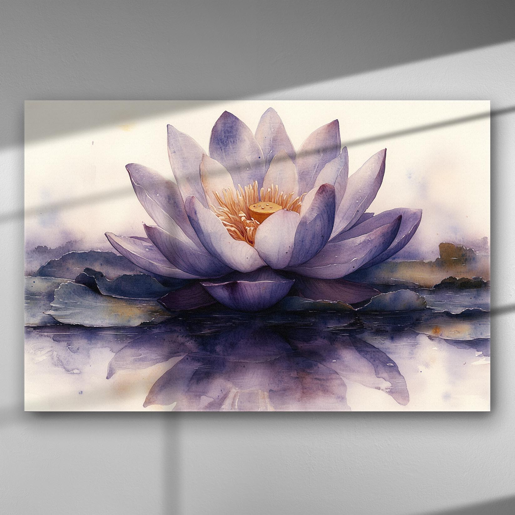 Watercolor painting of a blooming lotus flower with reflection on the water surface.