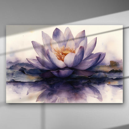 Watercolor painting of a blooming lotus flower with reflection on the water surface.