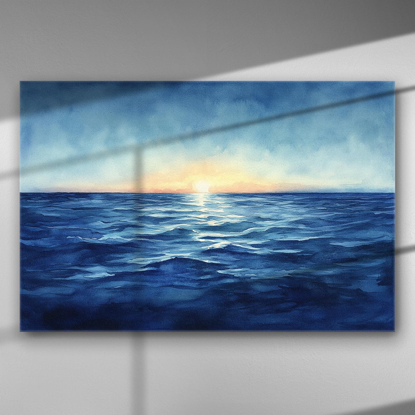 Ocean with sunset on canvas, featuring blue and golden colors.