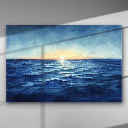 Ocean with sunset on canvas, featuring blue and golden colors.