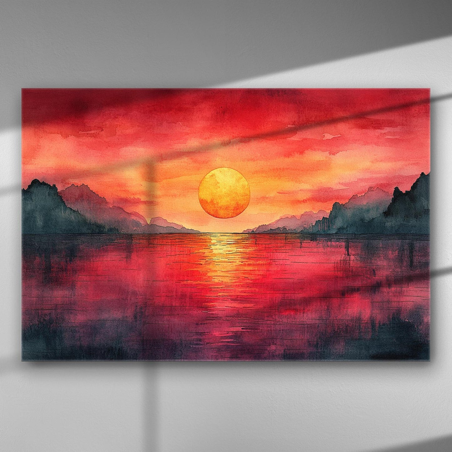 A vibrant sunset over a calm sea with mountains in the background, in shades of red and orange.