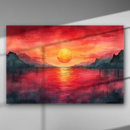 A vibrant sunset over a calm sea with mountains in the background, in shades of red and orange.