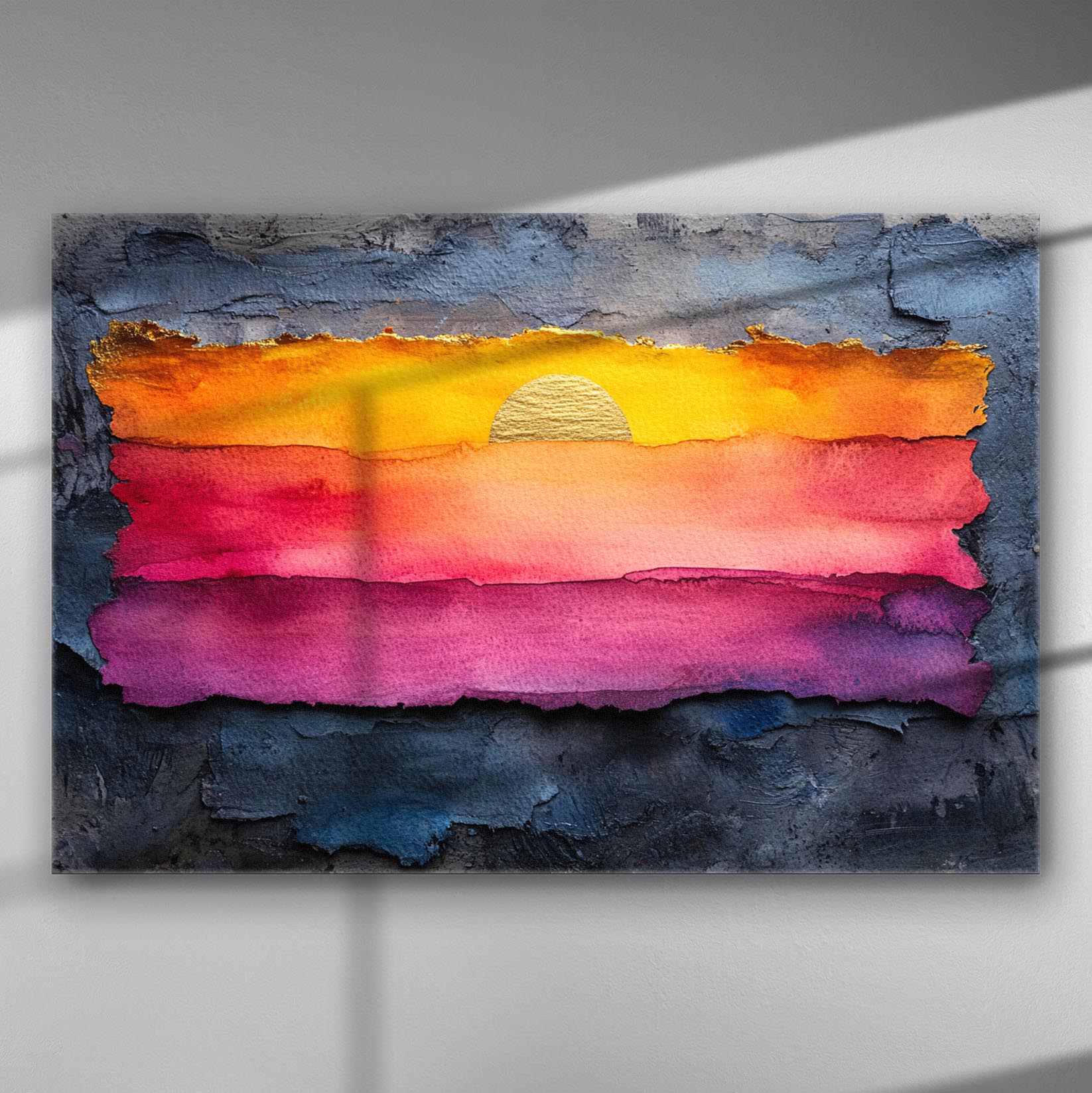 Vibrant sunset abstract painting with layers of orange, pink, and yellow on canvas.