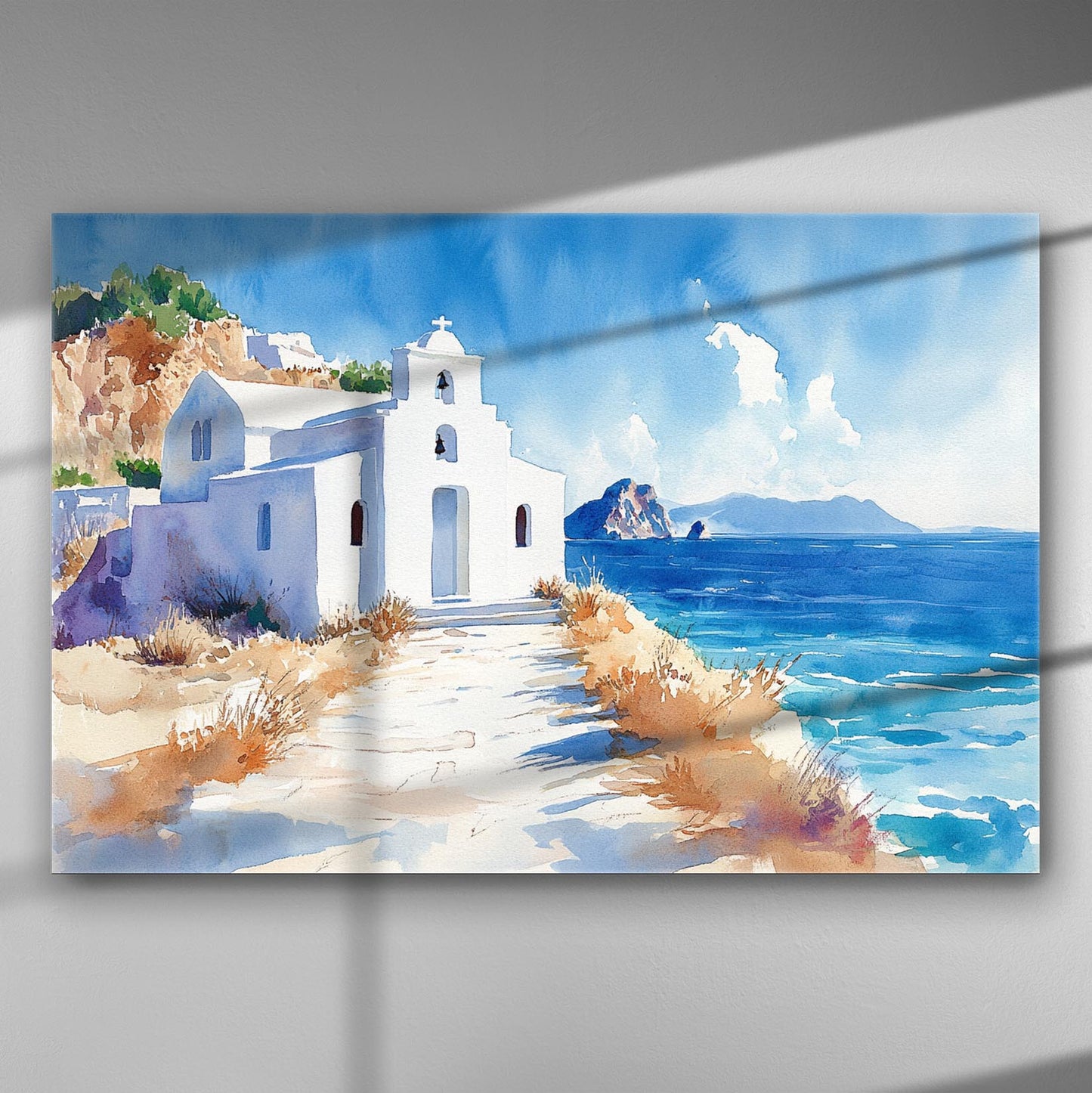 Seaside view of a traditional Greek church with vibrant blue and white colors, capturing the essence of a tranquil coastal scene.