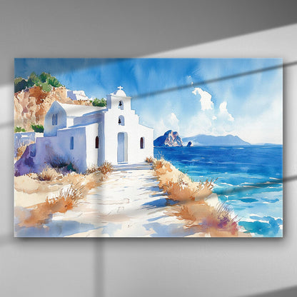 Seaside view of a traditional Greek church with vibrant blue and white colors, capturing the essence of a tranquil coastal scene.