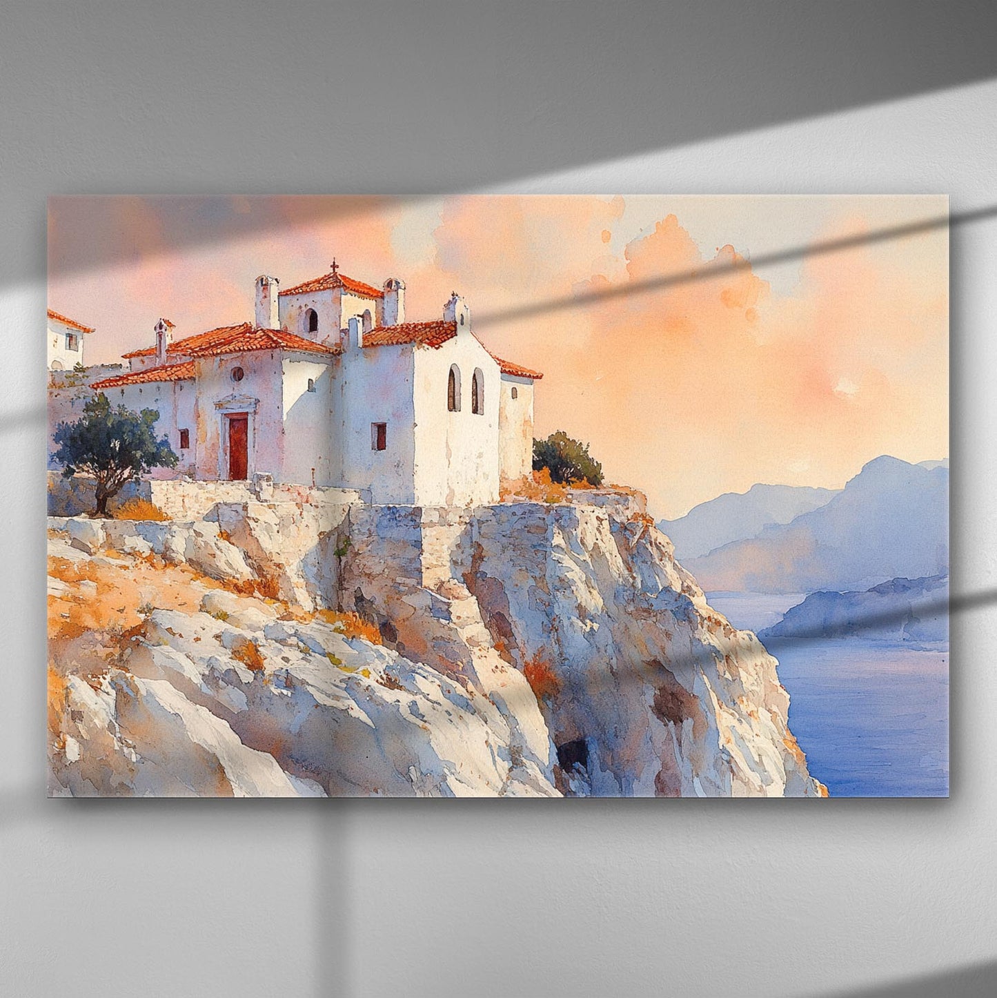 A painting of a traditional church on a cliff during sunset with orange and pink skies.