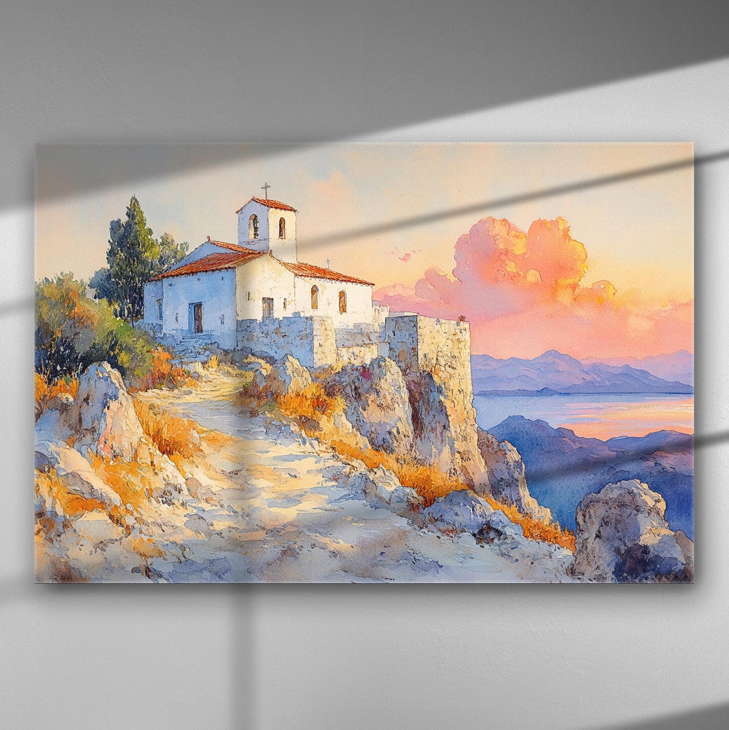 Painting of an isolated chapel on rocky hills during sunset with warm sky colors.