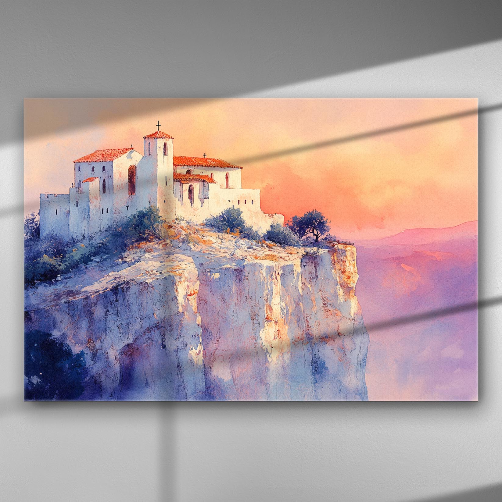 Painting of a monastery atop a cliff at sunset with pink and purple skies.