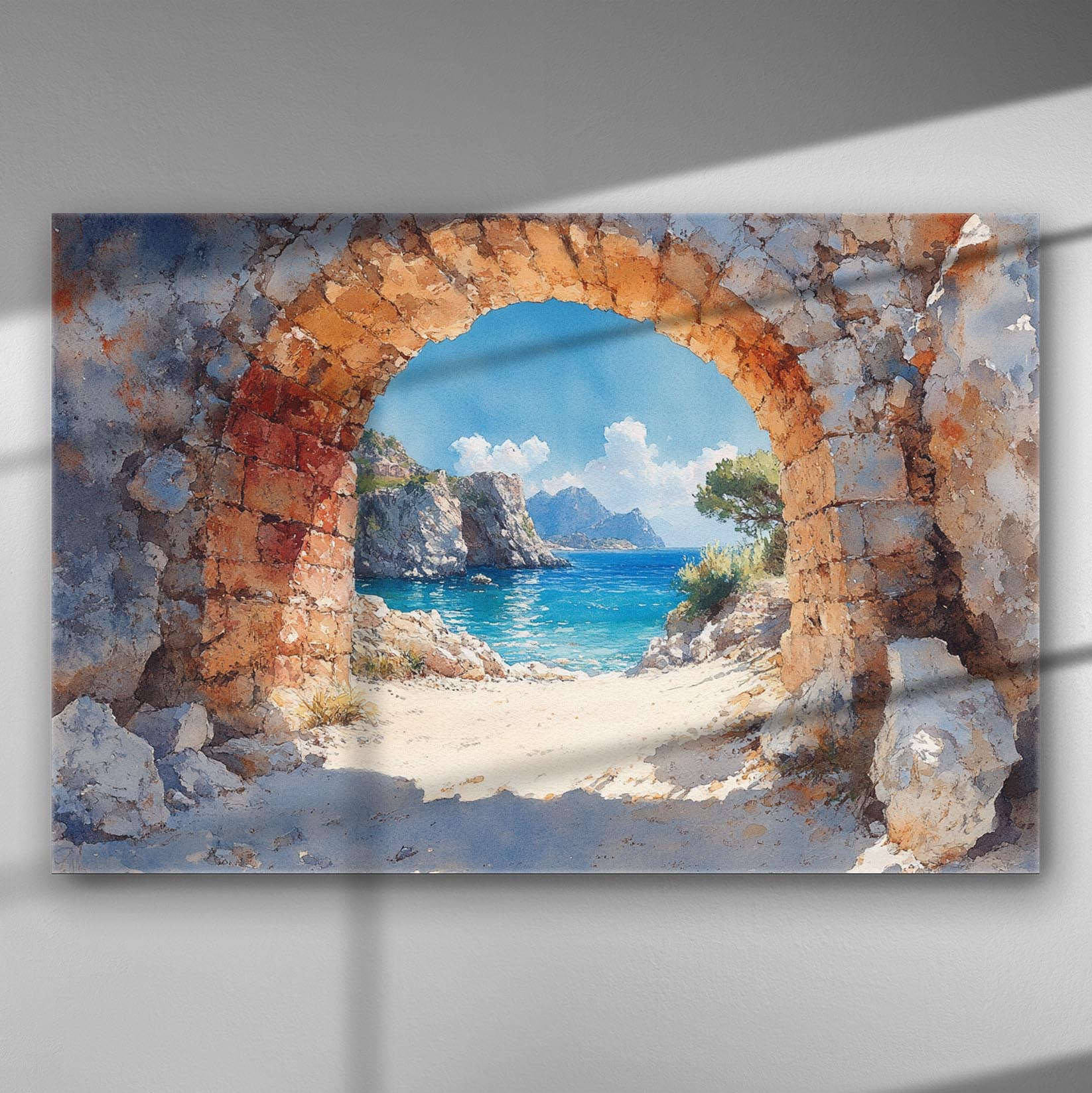 Mediterranean sea view through a stone arch with blue skies.