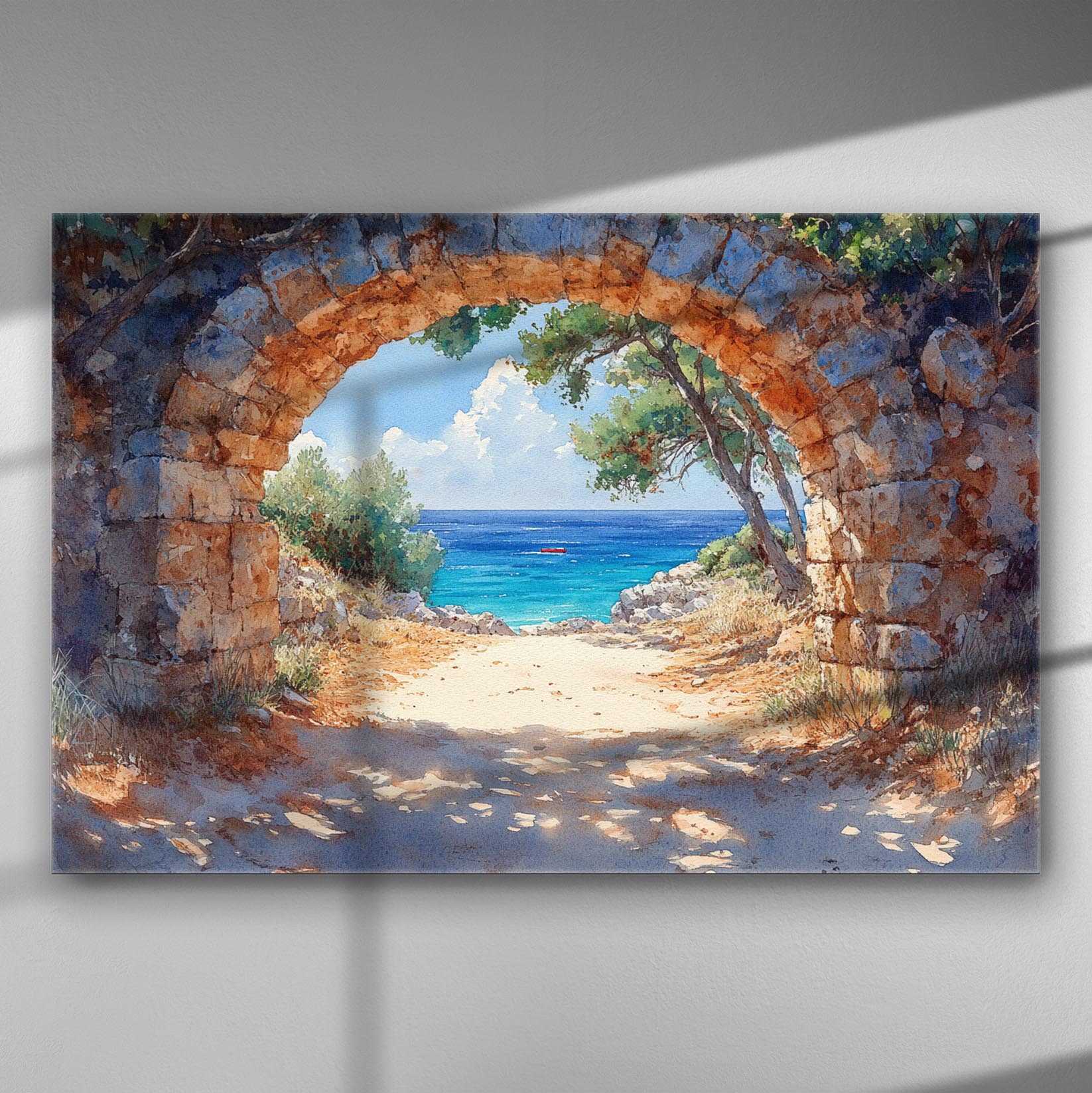 Archway leading to a blue sea landscape on a canvas print.
