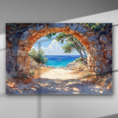 Archway leading to a blue sea landscape on a canvas print.